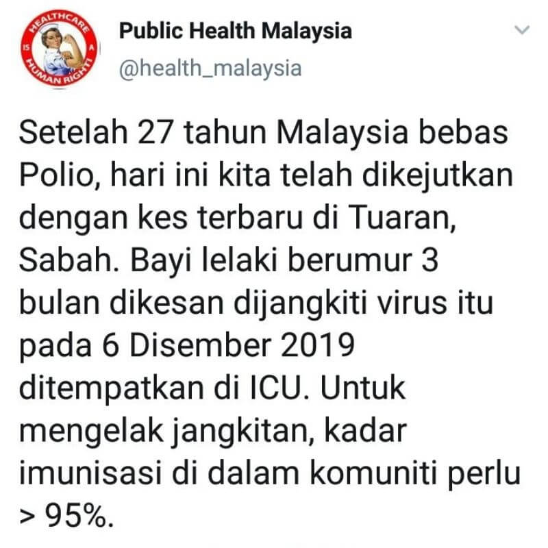 Kerana Pilihan Ibu Bapa, Bayi Berusia 3 Bulan Dijangkiti Virus Polio