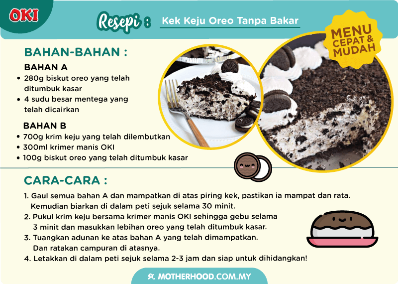 resepi  kek keju oreo tanpa bakar menggunakan krimer sejat OKI