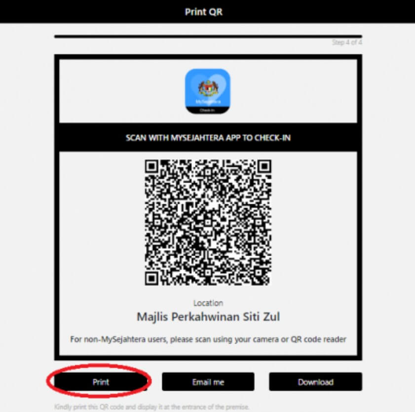 cara buat QR code MySejahtera - print