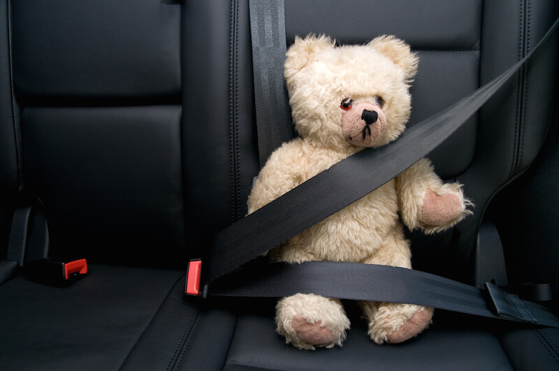 contoh teddy bear memakai tali pinggang keledar dalam kereta
