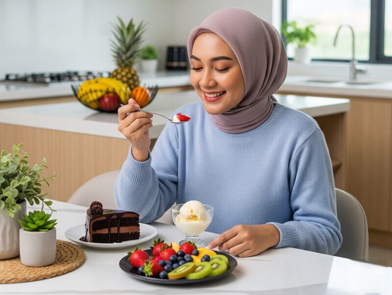 wanita makan aiskrim dan strawberi