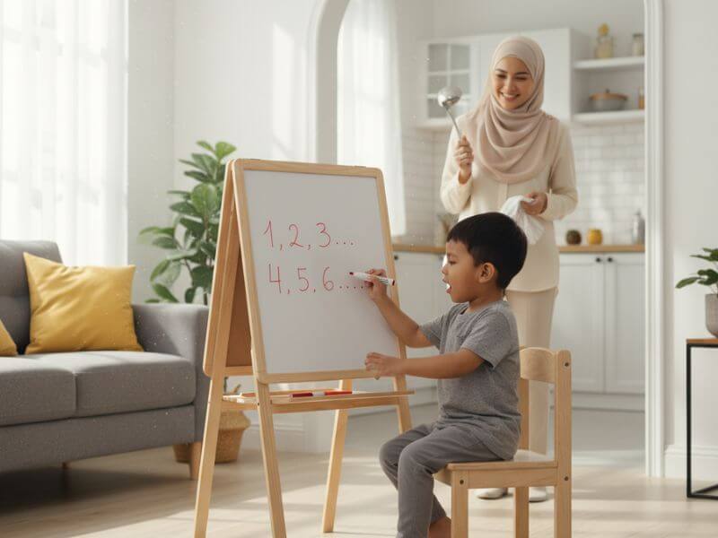 perkembangan anak - budak lelaki menulis nombor di papan putih kecil