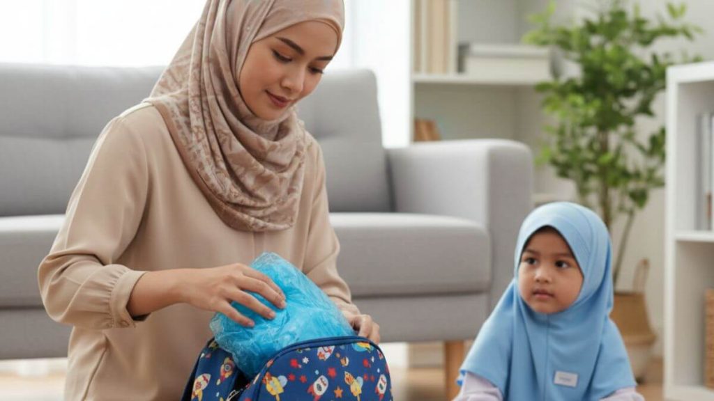 mak masukkan plastic cover dalam beg sekolah anak