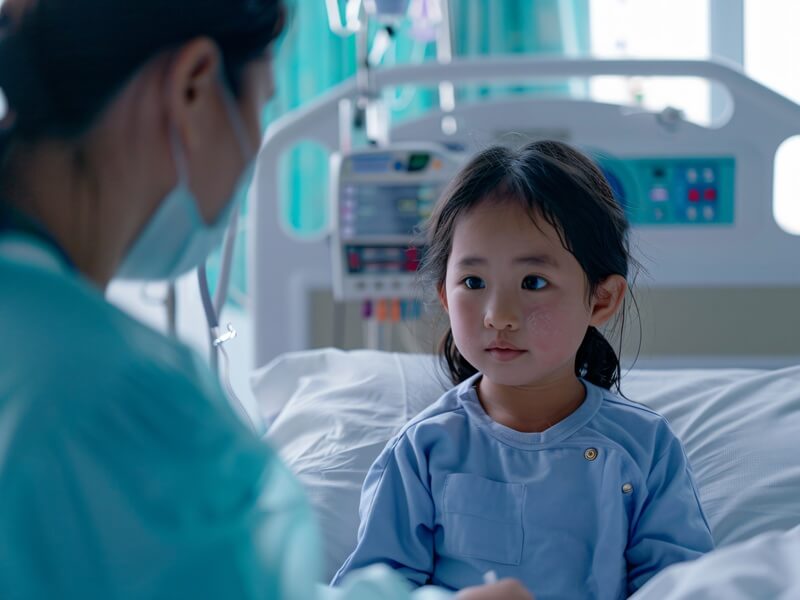 Imuniti - budak perempuan duduk di katil hospital